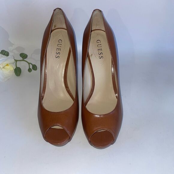 Guess Brown Leather Peep-Toe Heels Camel - Picture 5 of 8